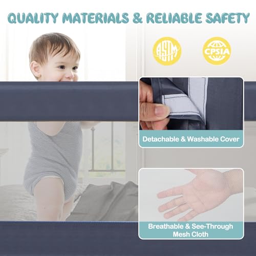 Image of BABY JOY Bed Rails for Toddlers, Extra Long, Swing Down Safety Bed Guard for Convertible Crib, Folding Baby Bedrail for Kids Twin, Double, Full Size Queen & King Mattress (60-Inch, Dark Blue)