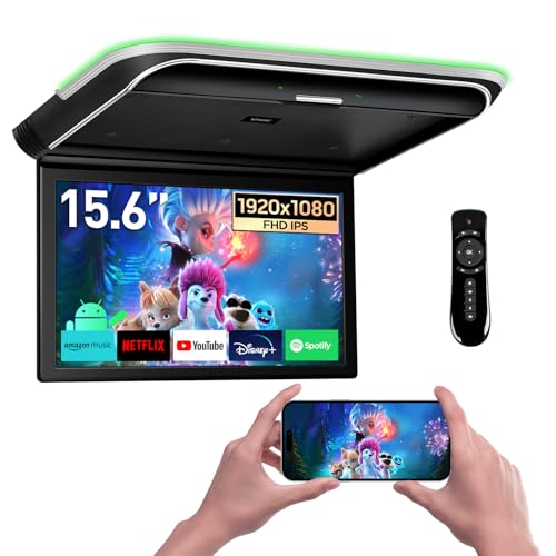 XTRONS Android Car Overhead Player 15.6” Wide IPS Touch Screen 8K Video Car Roof Mount Monitor with Built-in Stereo Speakers Flip Down Overhead Car Monitor Support Bluetooth, WiFi, HDMI, USB, IR