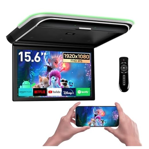 XTRONS Android Car Overhead Player 15.6” Wide IPS Touch Screen 8K Video Car Roof Mount Monitor with Built-in Stereo Speakers Flip Down Overhead Car Monitor Support Bluetooth, WiFi, HDMI, USB, IR