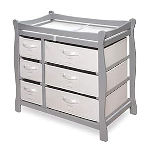 Badger Basket Sleigh Style Baby Changing Table with 6 Storage Baskets & Pad, Cool Gray/White