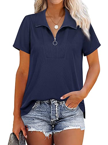 Damen Poloshirt V-Ausschnitt Kurzarm Bluse Reißverschluss Oberteile Tunika...