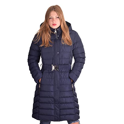 Image of Spindle Womens Long Hooded Padded Puffer Parka Ladies Winter Jacket Coat with Waist Belt and Zip Side Pockets Blue with Belt 14
