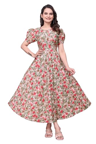 Image of Women's A-Line Crepe Maxi Dress | Stylish Fit and Flare Dress with Round Neck Short Puff Sleeves for Casual Wear