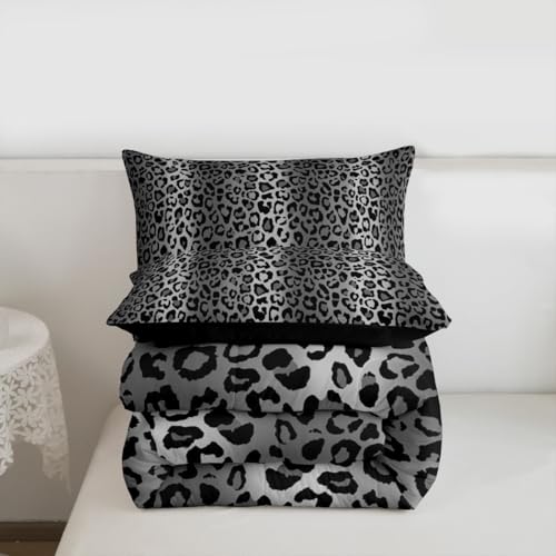 Image of Feelyou Leopard Printed Comforter Set Africa Cheetah Print Bedding Set Toddler Size for Kids Boys Girls Teens Safari Animal Comforter Silver Gray Black Duvet Set Reversible Room Decor Quilt Boys