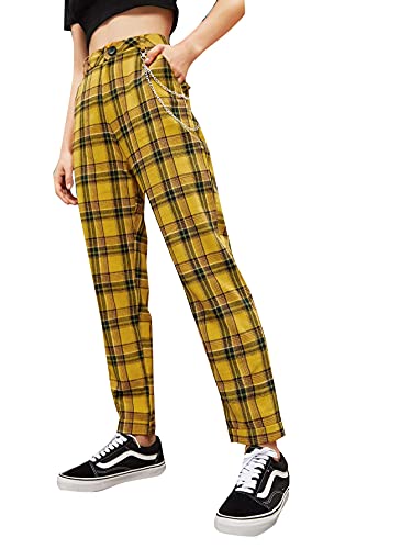 Didk Women's Tartan Plaid Mid Waist Straight Pants Yellow Chained M #TOP2