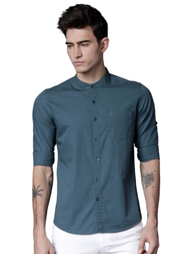 Image of Highlander Men's Slim Fit Casual Shirts | Solid | Long Sleeves | Mandarin Collar | Casual Shirts for Men