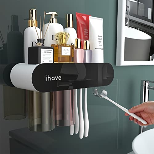 iHave Toothbrush Holders for Bathrooms, 2 Cups Toothbrush Holder Wall Mounted with Toothpaste Dispenser, Modern Black Tooth Brushing Holder Stylish Home or Apartment Bathroom Decor