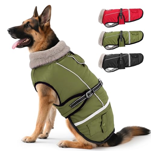 Woiil Hundemantel Winter, Hundemantel Wasserdicht für Grosse Hunde mit Verstellbaren Schultergurten, Hundejacke aus Fleece, Reflektierende Streifen, Geeignet für Deutsche Schäferhunde (XXL,Olivgrün)