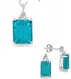 Metall: 925 Sterling Silber RS Jewels 14 Kt Weiß Vergoldet Smaragd Schnitt Blau Topas Anhänger & Ohrringe Set in 925 Sterling Silber mit 45,7 cm Kette