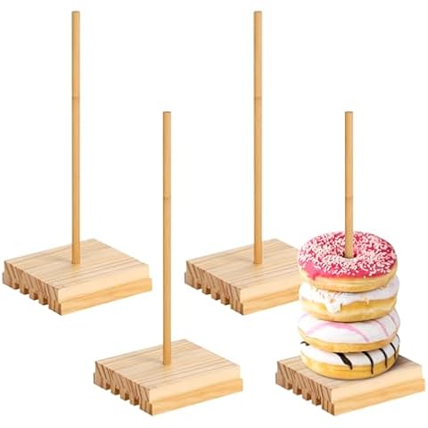 Donut Stand Holder Wooden Bagel Donut Display Dessert Table 4 Peg Wood Doughnut Stacker Tower Stands for Bridal Showers Wedding Birthday Parties Decorations Baby Shower Dessert Station Donut Bar Cover