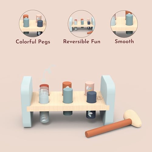 Image of Speedy Monkey Tap Tap Hammer Bench - Colorful Wooden Toy for Kids 1-3 Year Up, Develops Hand-Eye Coordination, Hammer Pegs Through Holes, Reversible Fun, Non-Toxic Paint , Engaging Educational Toy | colorful reversible pegs, hammering & pounding toys, montessori toys, toddler boy toys, hand-eye coordination, fine motor