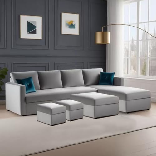 Image of FURNY Arno 8 Seater Fabric RHS L Shape Sofa Set with 1 Centre Table & 2 Ottomans (Light Grey)