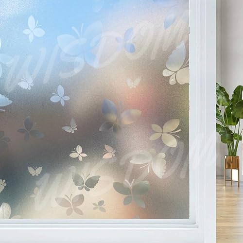 Image of WISDOM Privacy Window Film Frosted Glass Film Glass Film No Glue Anti-UV Window Sticker Non Adhesive for Privacy Office Meeting Room Bathroom Living Room (Butter Fly Frosted, 12 x 120 inch)