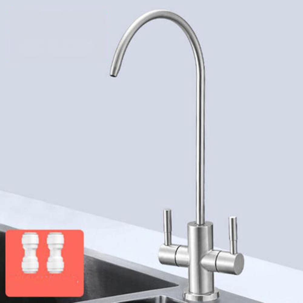 WDSOPK Water Filter Tap Stainless Steel Double Water Inlet Pure Water Faucet-Black (Drawing A)