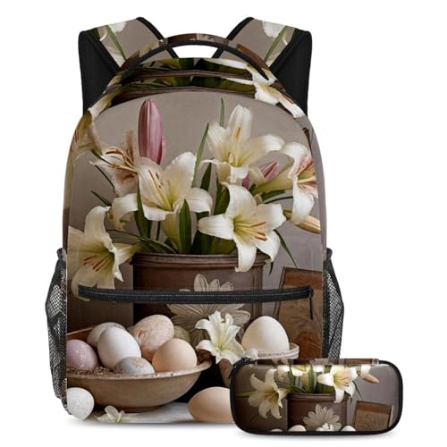 Sac à dos de jour tendance motif œufs de lys de Pâques blanc et multicolore 2 pièces