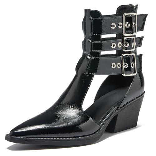 Women's Buckle Strap Ankle Boots Cutout Pointed Toe Chunky Block Heel Sandals with Zipper Dressy Summer - Main Image