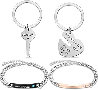 2 Pieces Couple Key Chains Include You Hold The Key to My Heart and Forever Key Chain, 2 Pieces Couple Bracelets Include His Queen and Her King Bracelet for Christmas Valentines Day Presents