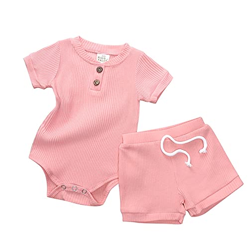 Raopuzi Conjunto Bebe Verano Body Y Pantalones Cortos Ropa Recien Nacido Camiseta de Manga Corta Traje 2 Piezas de Punto Casual con Cintura Elástica, Color liso para Niñas 0-24 Meses