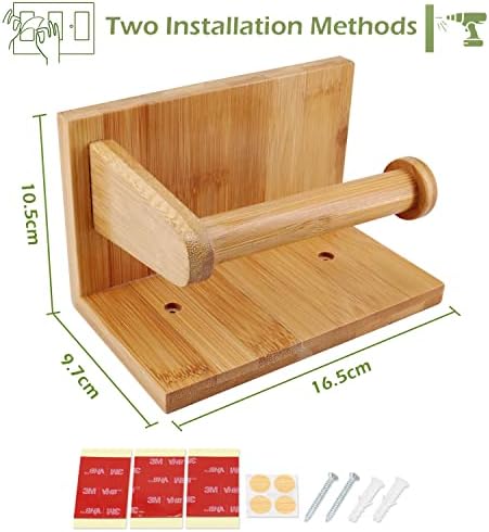 SAUNNIHEN Bamboo Toilet Roll Holder Self Adhesive, Toilet Paper Holder with Shelf, Natural No Drill Toilet Tissue Holder Wall Mounted, Two Installations Ways, Self Adhesive or Drill