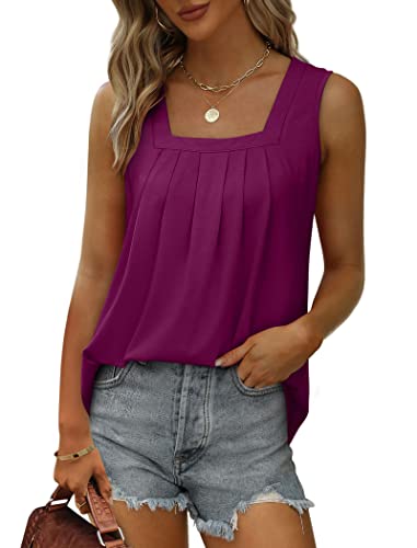 Image of Saloogoe Summer Tank Tops for Women Loose Fit Pleated Square Neck Sleeveless Tops Curved Hem Flowy