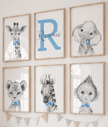 Personalized Safari Animals for Baby Boys Nursery Bedroom Unframed set
