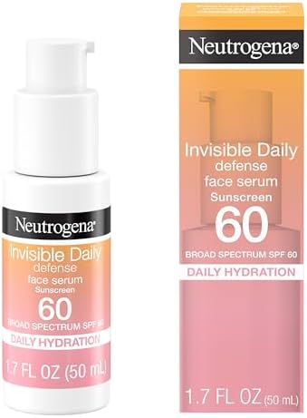 Neutrogena Invisible Daily Defense Face Sunscreen + Hydrating Serum with Broad Spectrum SPF 60 & Antioxidants to Help Skin Glow, Oil-Free, Fragrance Free, 1.7 fl. oz