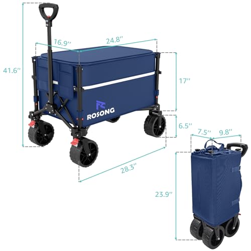 Image of ROSONG Collapsible Wagon Cart with Wheels Foldable - Folding Utility Heavy Duty Wagons Carts for Grocery Sports Garden Shopping Camping Wheelbarrows (120L Dark Blue with Lid)