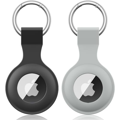 Immagine prodotto: 2 Pezzi Meliya AirTag Portachiavi per Apple Airtag, Silicone Custodia per Airtag Apple con Portachiavi, Cover Protettiva per AirTag per Zaini e Animali Domestici (Nero+Grigio)