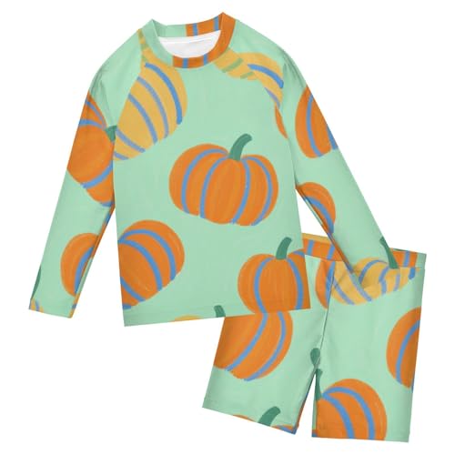 Bañador de dos piezas verde con protección UV de calabaza otoño y manga larga para niñas