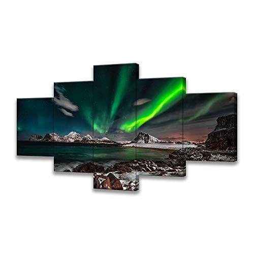 SKASNFAI 5 Piece Alaska Picture Framed Northern Lights Wall Art Green Aurora Borealis Scenery Canvas Wall Decor for Living Room Office Artwork 50x24 by SKASNFAI - Used condition - US$39.35