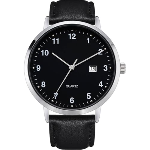 NUOVO Herrenuhr 42 mm Klassisch Analog Quarz Mitternachtsschwarzes Zifferblatt Herrenuhr mit Datumsanzeige und 12 Arabischen Ziffern Gehäuse aus Legierung, Schwarzes Lederarmband