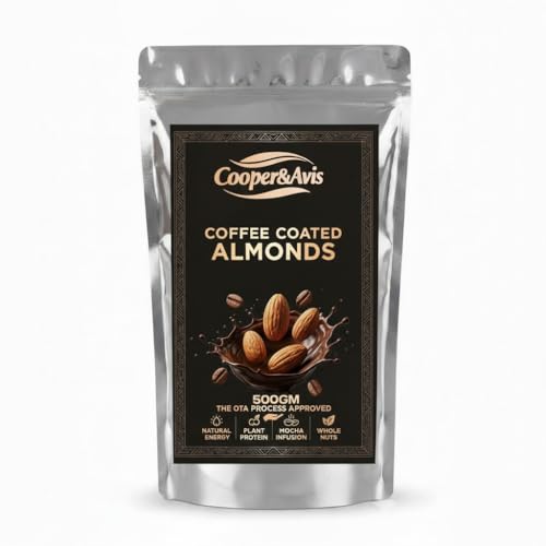Image of Cooper & Avis Premium Coffee Coated Almonds (500g) - Mocha Infused Whole California Almonds | Gourmet Fusion Snack | 0% Refined Sugar & No Added Fats | Hand-Sorted King Grade Quality | Resealable Pouch