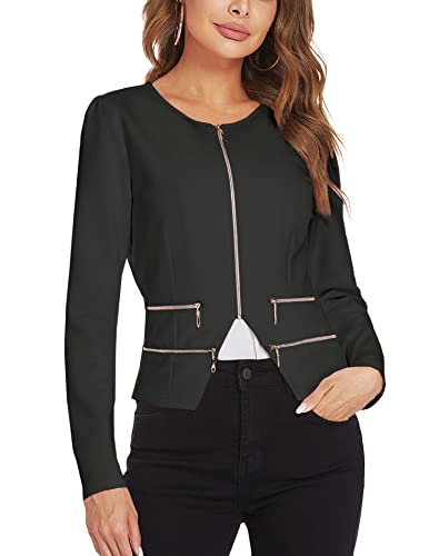 Zeagoo Women's Casual Zipper Cardigan Blazer O Neck Slim Fitted Office Jacket,Black,Medium #TOP3