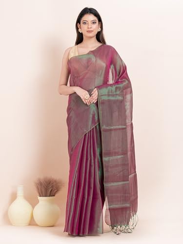 Image of Women's Tissue Cotton Saree | Plain Lightweight Tassel Pallu Saree with Blouse
