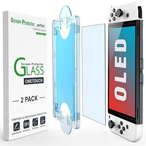 amFilm OneTouch szkło osłona ekranu zaprojektowana dla Nintendo Switch Oled model 2021 - z zestawem automatycznego wyrównania, bez pęcherzyków powietrza [2-pak] (SWTCHO- 7.0'')