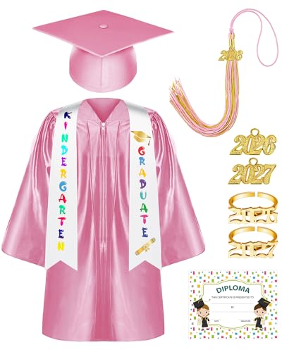 Sasylvia 9 Pcs Kindergarten Preschool Graduation Gown Cap Set with 2026 2027 Tassel Kids Graduation Stole Rings Certificate(Size 27,Pink)