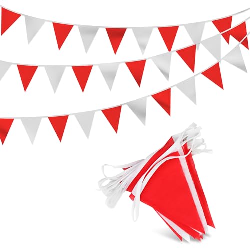 Triangle Banner Flags for Party Supplies - 100ft White and Red Party Decorations Carnival Pennant Banner Flags on String