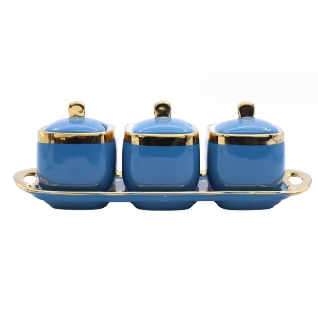SAeWare Tarro de condimentos, contenedor de especias de cerámica, tarro de condimentos, salero, botella de condimentos, tarro de azúcar, caja de condimentos, encimera de cocina, azul, 3 piezas