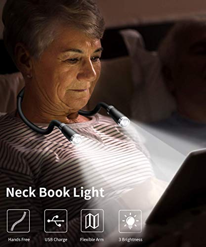 Image of LED Neck Book Light USB Rechargeable, Hands Free, 4 Super Bright LED Bulbs, 3 Adjustable Brightness, Best for Reading in Bed, Knitting, Walking, Jogging, Mending in Night (Black)