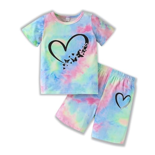 Image of Kids Girl Clothes Tie Dye Heart Print Short Sleeve Top and Shorts Toddler Girl Summer Outfits Short Set