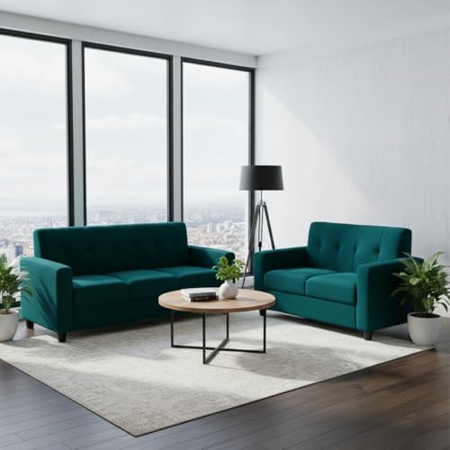 Image of FURNY Homeoy 5 Seater Fabric 3+2 Sofa Set (Greenish Teal) Premium Velvet Finish | Durable Comfort | Ideal for Living Room