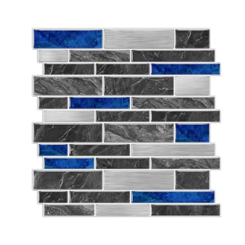 Alwayspon 10 Sheets 12" x12inch Blue Marble Effect Vinyl Tiles, Backsplash, Self-Adhesive Peel and Stick Wall Tile Stickers, Stick on Subway Tiles for Kitchen Bathroom Wall Decor