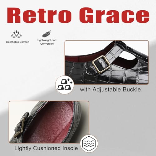 Men's Leather Printed T-Strap Pointed Toe Slip-On Dress Loafer Shoes with Adjustable Buckle Comfortable Low Chunky Heel Breathable Hollow Non-Slip Oxford Shoes for Business Party Wedding Casual4