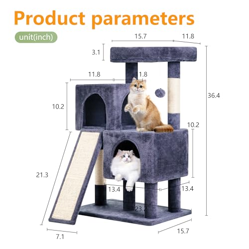 FDW Cat Tree for Indoor Cats 36 Inches Cat Tower Multi-Level Indoor Cat Play Condo House with Scratching Posts, Spacious Perch, Sisal Posts and Dangling Toys (Dark Grey) by FDW - Image 7