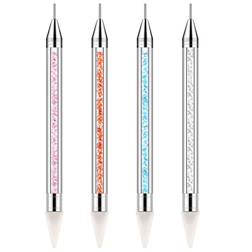 BTYMS 4pcs DIY Nail Art Pens Rhinestone Picker Dotting Pen Dual-ended Nail Rhinestone Picker Beads Picker Wax Nail Pen with Crystal Acrylic Handle Manicure Pedicure Nail Art Tool