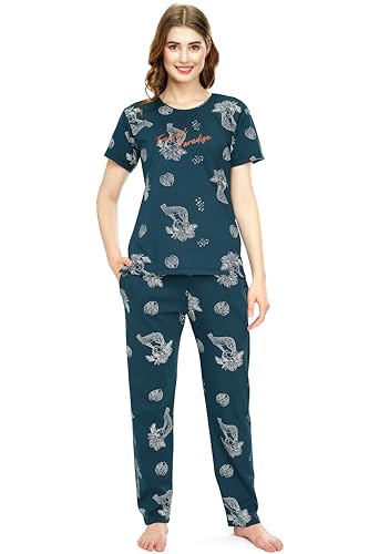 Image of ZEYO Night Suit for Women's Floral & Cheetah Printed Cotton Night Dress of Top and Pajama Set 5779