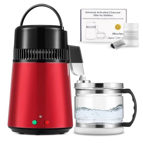 Hanchen Destilador de Agua 4L Acero Inoxidable Purificador de Agua con Jarra de Vidrio 1L/H Máquina de Agua Destilada para Hogares Laboratorios Industrias (Rojo)