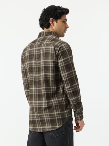 Image of The Souled Store Plaid Shirt: Sepia Men and Boys Long Sleeve Spread Collar Brown Plaid Cotton Blend Lightweight Easy to Style Everyday Office Wear Regular Casual Shirt