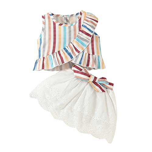 Camiseta infantil para meninas sem mangas com estampas listradas, babados, saias, manga comprida (br