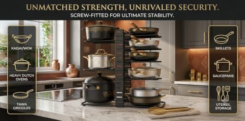 Image of 8-Tier Pots and Pans Organiser Rack for Cabinet, Adjustable Black8-Tier Pots and Pans Organizer Rack for Cabinet, Heavy Duty Adjustable Cookware Storage Holder for Pots, Pans (White)
